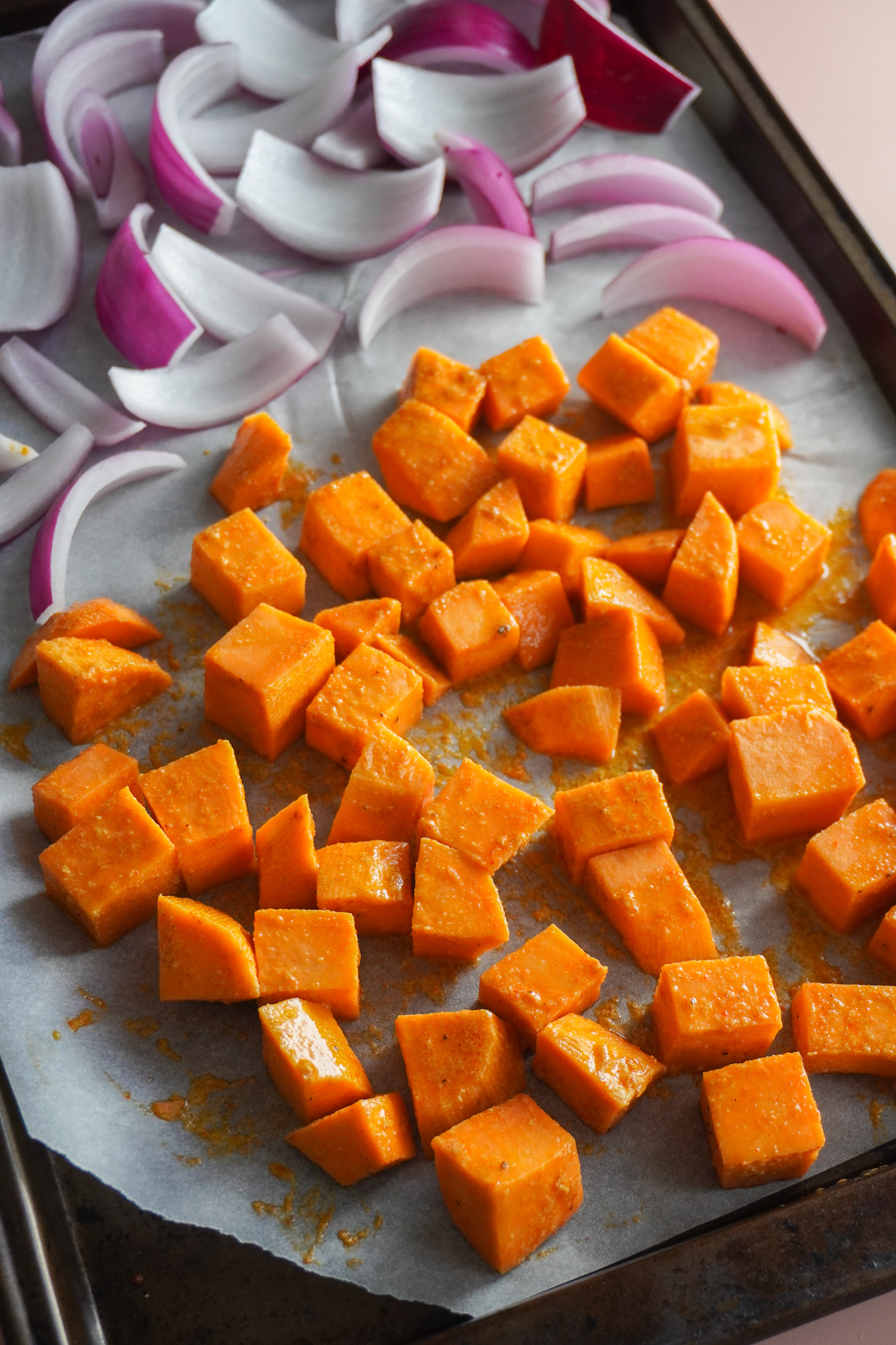 Sweet Potato and Onion on a Pan